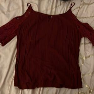 burgundy off the shoulder kid sleeve shirt